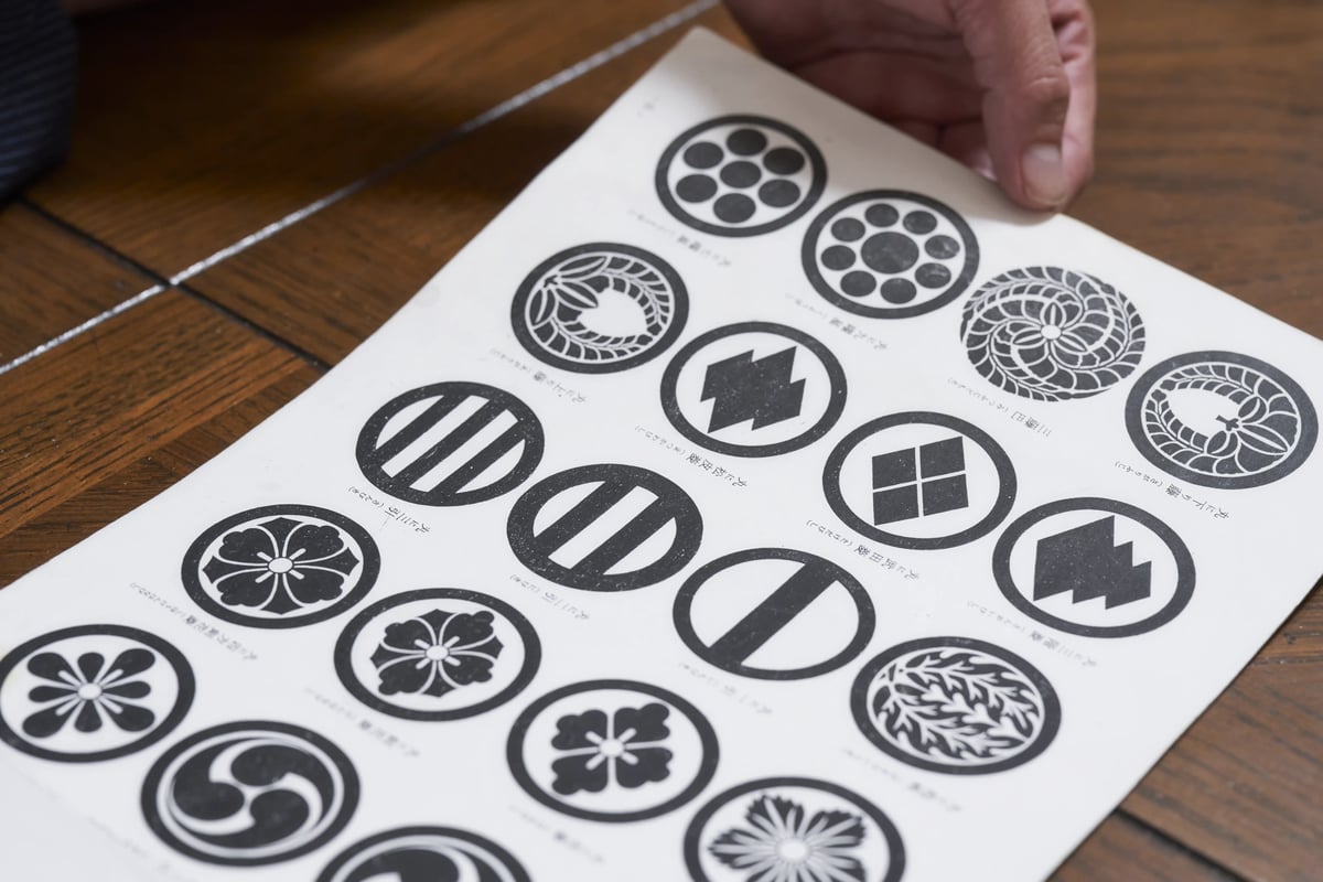 A printed sheet of family crests used for reference