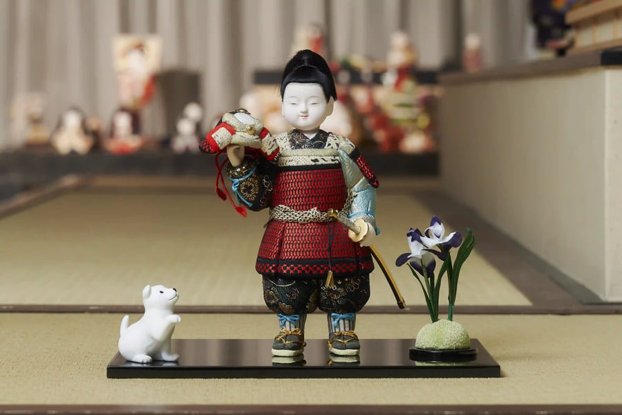 A boy doll in armour beside a white dog and irises