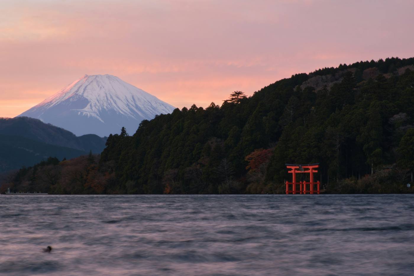 A torii gate standing in the lake at Hakone